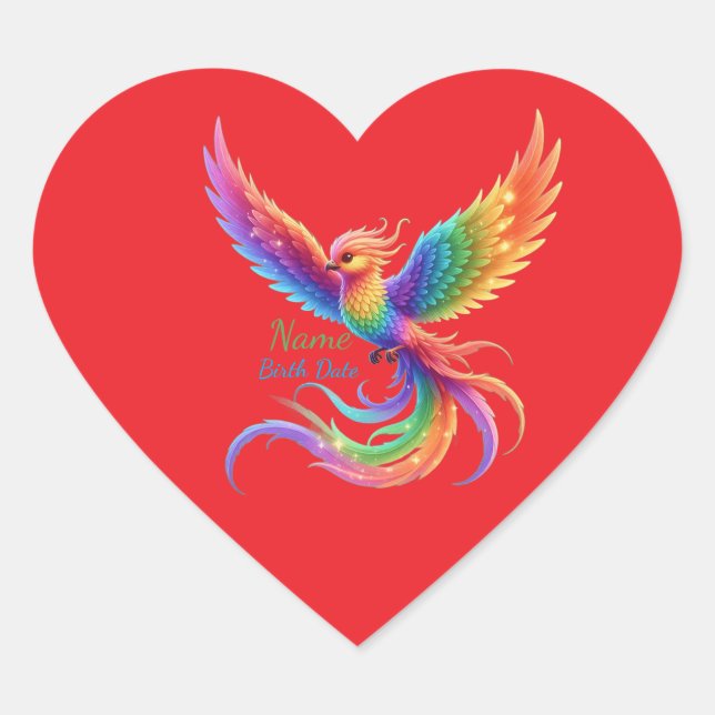 Personalized Rainbow Phoenix Name Birthdate Gift Herz-Aufkleber (Vorderseite)