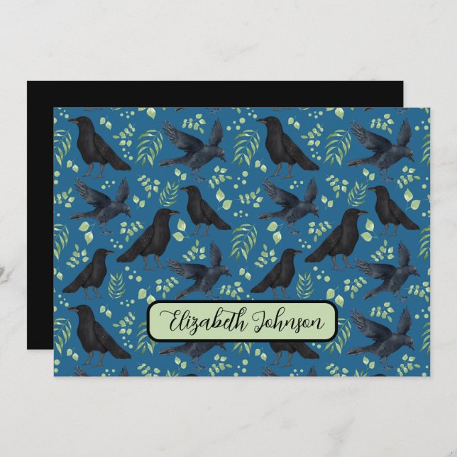 Personalized Ravens Note Card in Blue Mitteilungskarte (Vorne/Hinten)