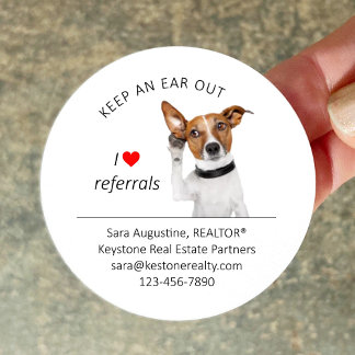 Personalized Realtor Referral Dog, Keep an Ear Out Runder Aufkleber
