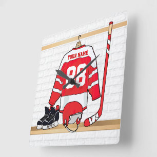 Personalized Red and White Ice Hockey Jersey Quadratische Wanduhr