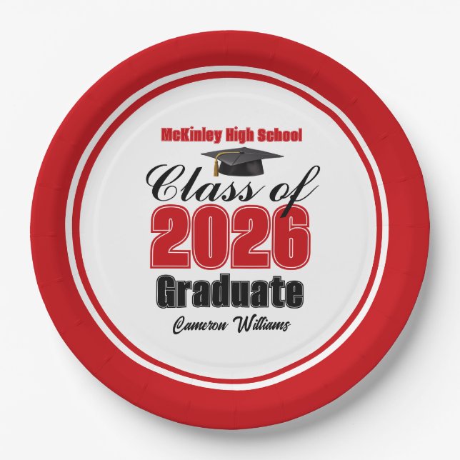 Personalized Red Class of 2026 Graduation Party Pappteller (Vorderseite)