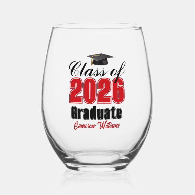 Personalized Red Class of 2026 Graduation Weinglas Ohne Stiel (Vorderseite)
