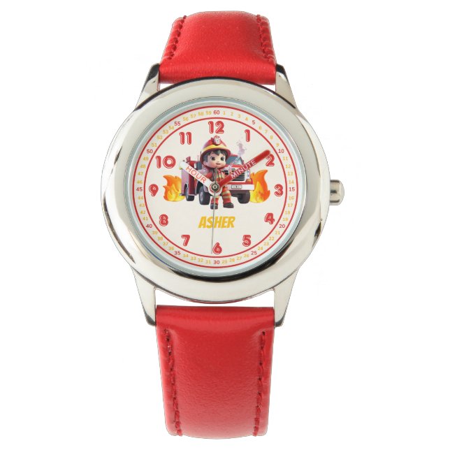 Personalized Red Cute Boy Firefighter Kids Armbanduhr (Vorderseite)