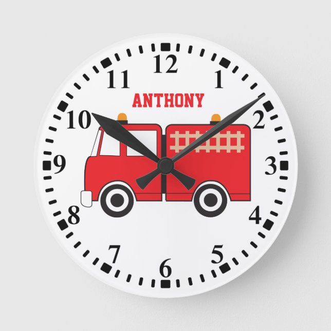 Personalized Red Fire Truck Runde Wanduhr (Vorderseite)