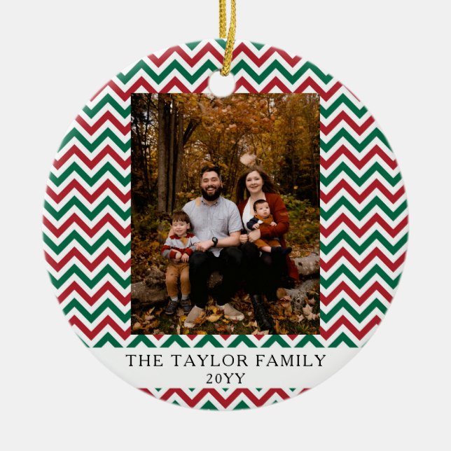 Personalized Red Green Chevron Christmas Photo Keramik Ornament (Vorne)