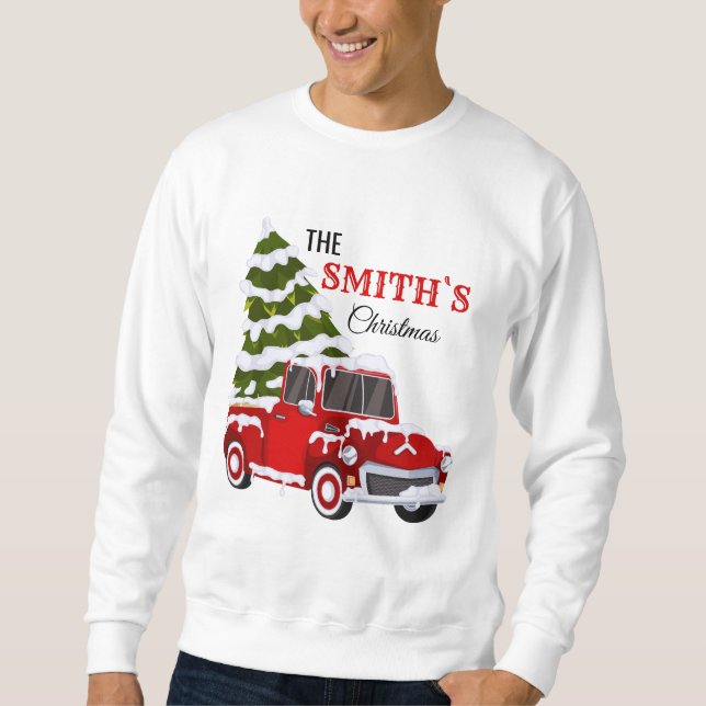 Personalized Red Pickup Truck Christmas Family Sweatshirt (Vorderseite)