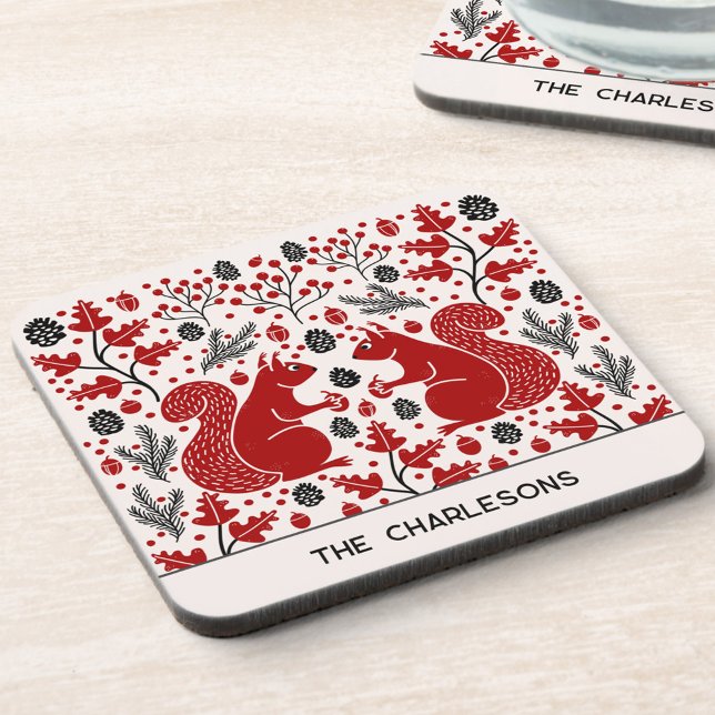 Personalized Red Squirrels in the Forest Getränkeuntersetzer (Fun personalized name squirrell in the forest art coaster)