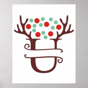 Personalized Reindeer Letter U Split Monogram Poster