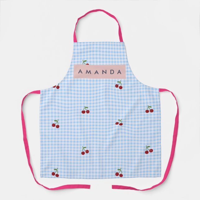 Personalized Retro Blue Gingham Cherry Print  Schürze (Vorderseite)