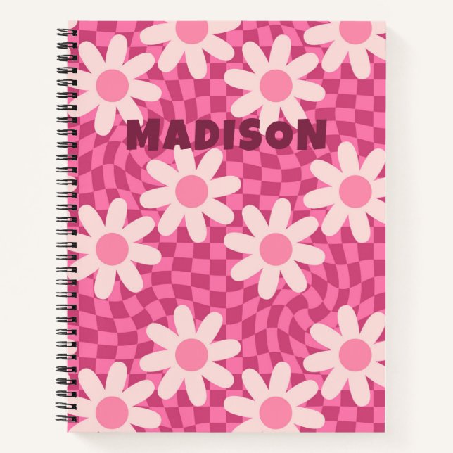 Personalized Retro Groovy Pink Daisy Flower Hippie Notizbuch (Vorderseite)