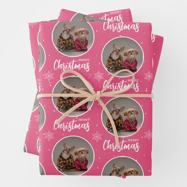Personalized Retro Pink Merry Christmas 1 Photo Geschenkpapier Set (Beispiel)