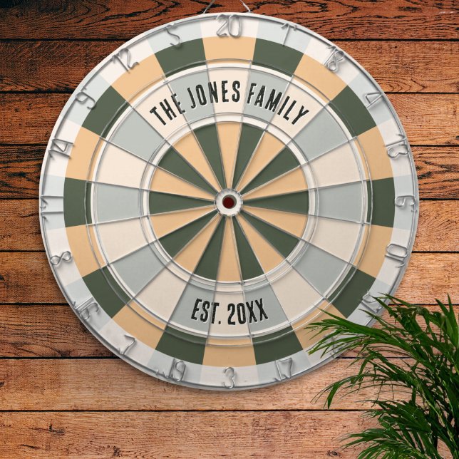 Personalized Retro Warm Tone Family Name Design Dartscheibe (A retro dartboard in green, sand and white colors, personalized with family name and "est." year)