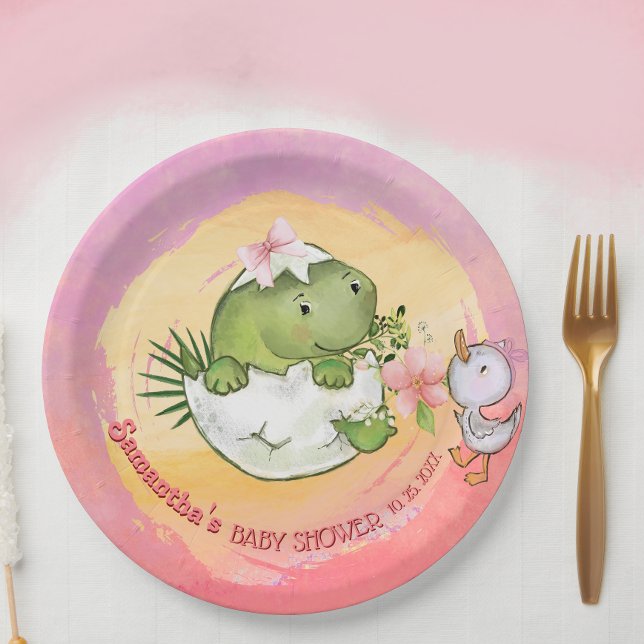 Personalized Round Dino & Duckling Baby Shower  Pappteller (Personalized Round Dino & Duckling Baby Shower Paper Plates)