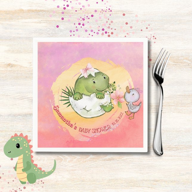 Personalized Round Dino & Duckling Baby Shower  Serviette (Personalized Round Dino & Duckling Baby Shower Napkins)