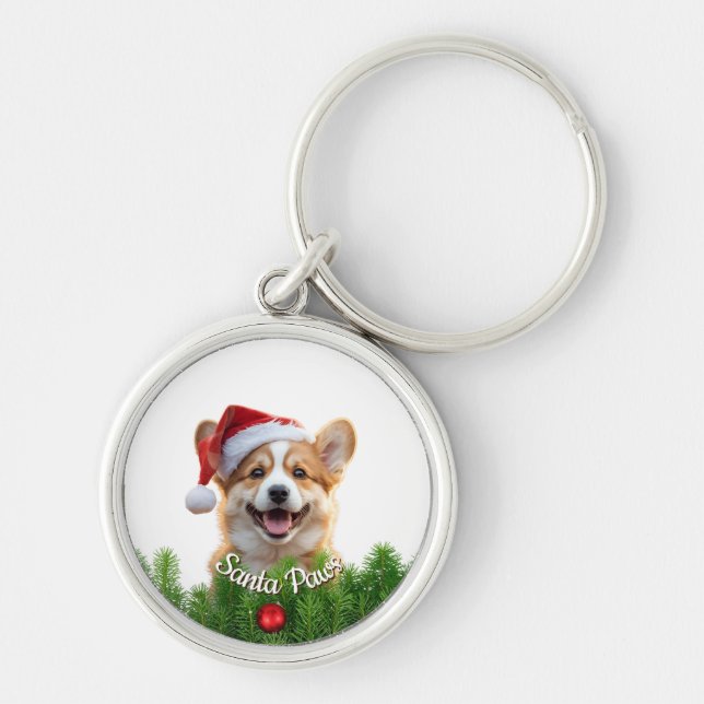 Personalized Round Keychain – Santa Paws Corgi  Schlüsselanhänger (Vorne)
