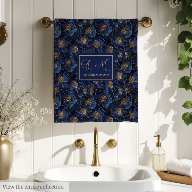 Personalized Royal Blue Towels Chic Gold Flower Badhandtuch Set (Personalized Royal Blue Towels Chic Gold Flower)