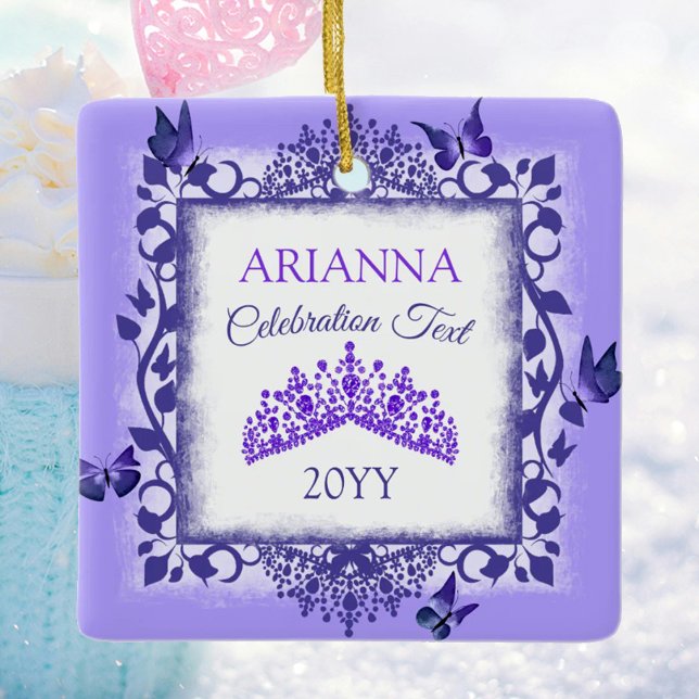 Personalized Royal Purple Tiara & Butterflies Keramikornament (personalized tree ornament with purple butterflies and tiara, congratulations, commemorative gift)