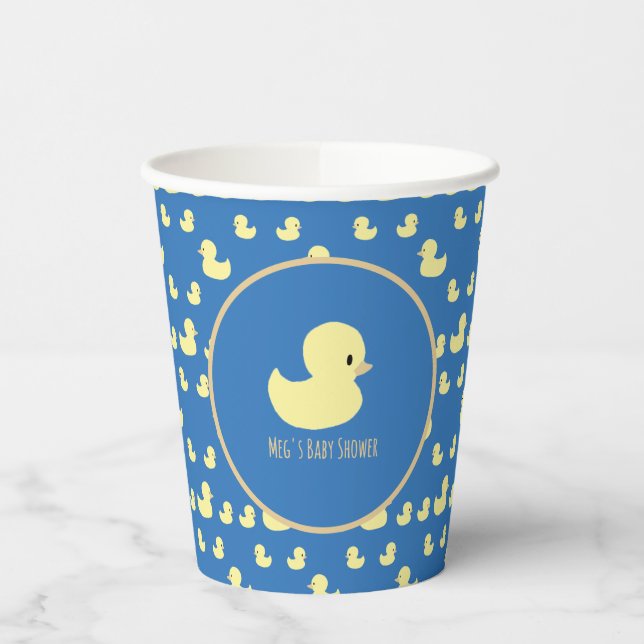 Personalized Rubber Duck Modern Blue Baby Shower Pappbecher (Links)