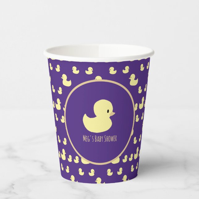 Personalized Rubber Duck Modern Purple Baby Shower Pappbecher (Links)