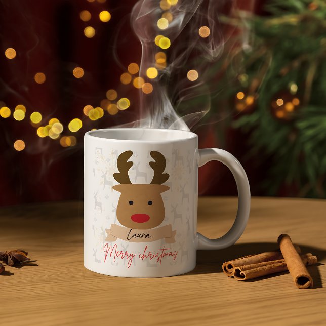 Personalized Rudolph Reindeer Red-Handle Christmas Tasse (Von Creator hochgeladen)