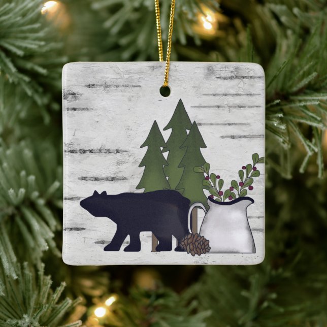 Personalized Rustic Country Bear Birch Christmas Keramikornament (Baum)