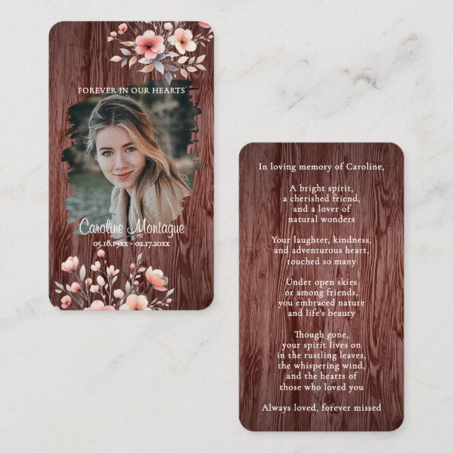 Personalized Rustic Floral Photo Memorial Card Mitteilungskarte (Vorne/Hinten)