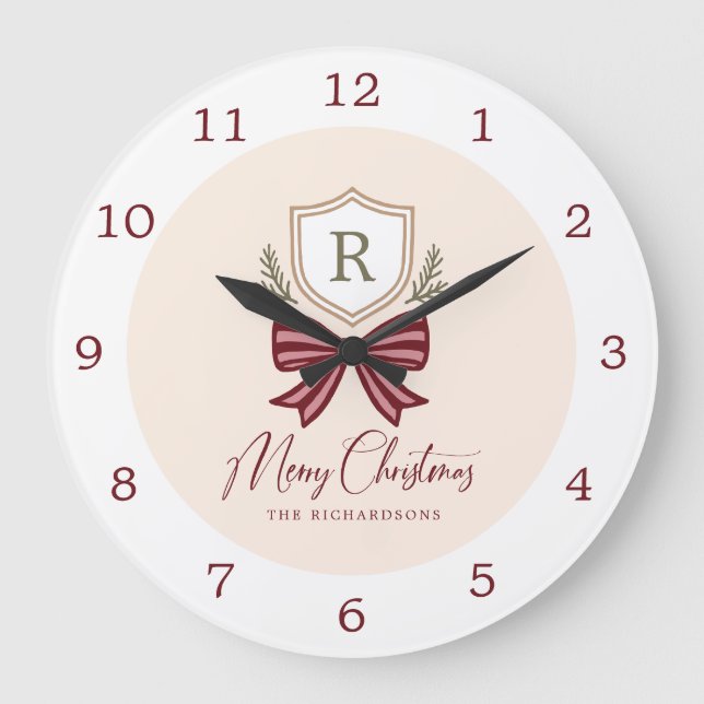 Personalized Rustic Monogram Crest Bow Christmas  Große Wanduhr (Vorderseite)
