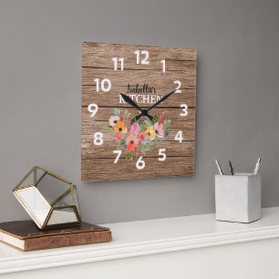 Personalized Rustic Wood And Pink Floral Kitchen Große Wanduhr