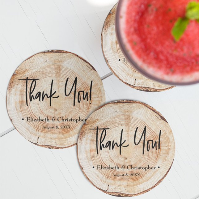 Personalized Rustic Wood Disc Thank you Wedding Co Runder Pappuntersetzer (Rustic wedding wood cut slice custom coaster guest favor gifts.)