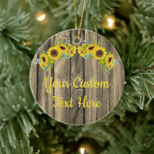 Personalized Rustic Wood Sunflower Custom Text  Ce Keramik Ornament