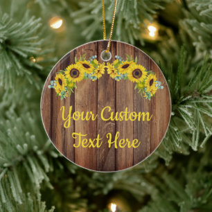 Personalized Rustic Wood Sunflower Custom Text Cer Keramik Ornament
