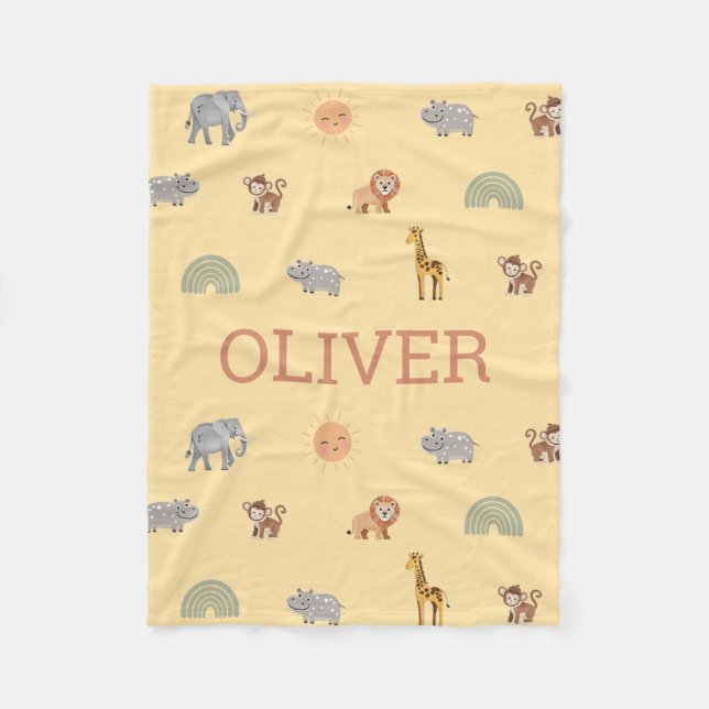 Personalized Safari Animal Baby Blanket with Name Fleecedecke (Vorderseite)