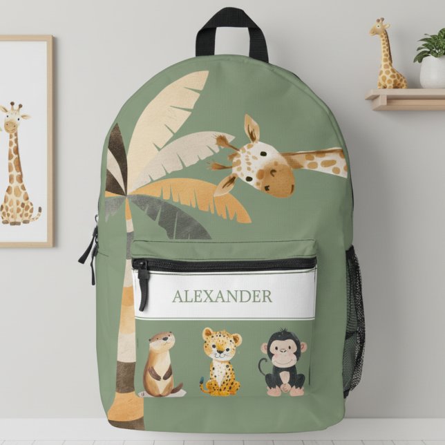 Personalized Safari Animals Backpack Bedruckter Rucksack (cute safari animals giraffe jungle sage green backpack with personalized monogram name for kids)