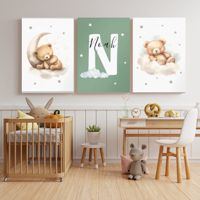 Personalized Sage Green Bear Nursery Decor Bilderwand Sets (Von Creator hochgeladen)
