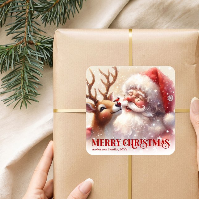 Personalized Santa and Rudolph Cute Christmas Kids Quadratischer Aufkleber (Personalized Santa and Rudolph Cute Christmas Sticker)