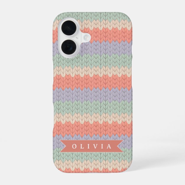Personalized Scandinavian Pastel Knit Pattern Name iPhone 16 Hülle (Rückseite)