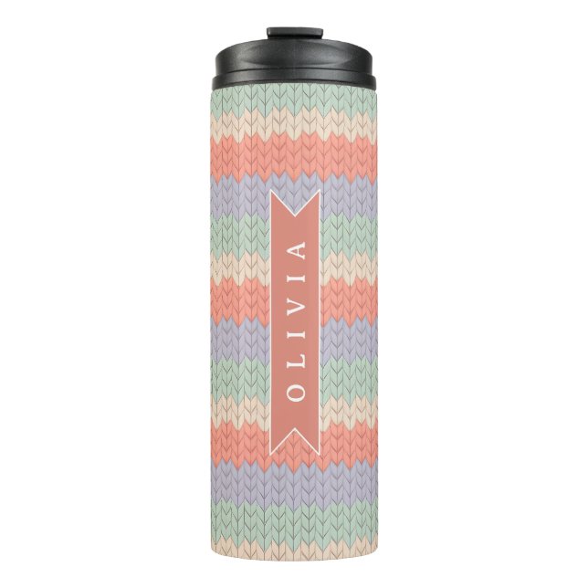 Personalized Scandinavian Pastel Knit Pattern Name Thermosbecher (Vorderseite)