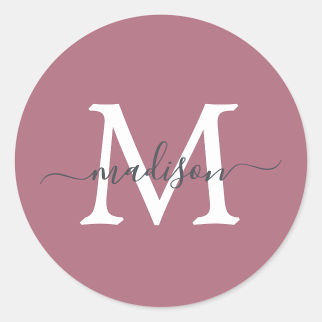 Personalized Script Name Monogram Dusty Rose Runder Aufkleber (Vorderseite)