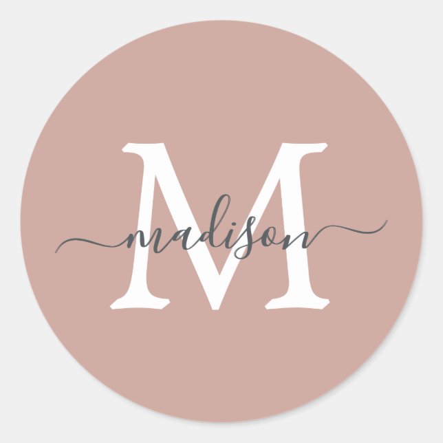 Personalized Script Name Monogram Dusty Rose Runder Aufkleber (Vorderseite)