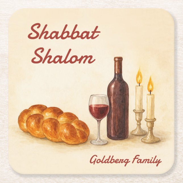 Personalized Shabbat Shalom Watercolor Coaster  Rechteckiger Pappuntersetzer (Vorderseite)