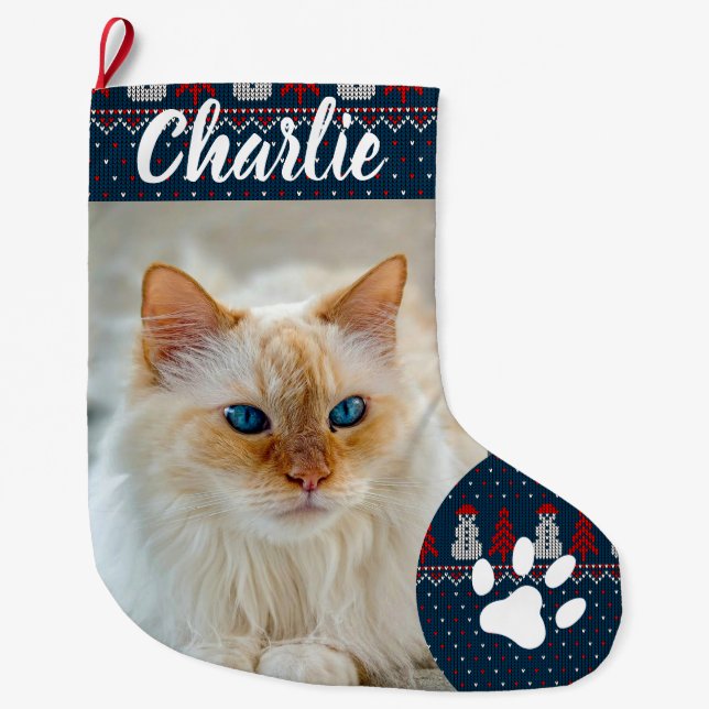 Personalized Simple Paw Pet Photo Monogram Name Großer Weihnachtsstrumpf