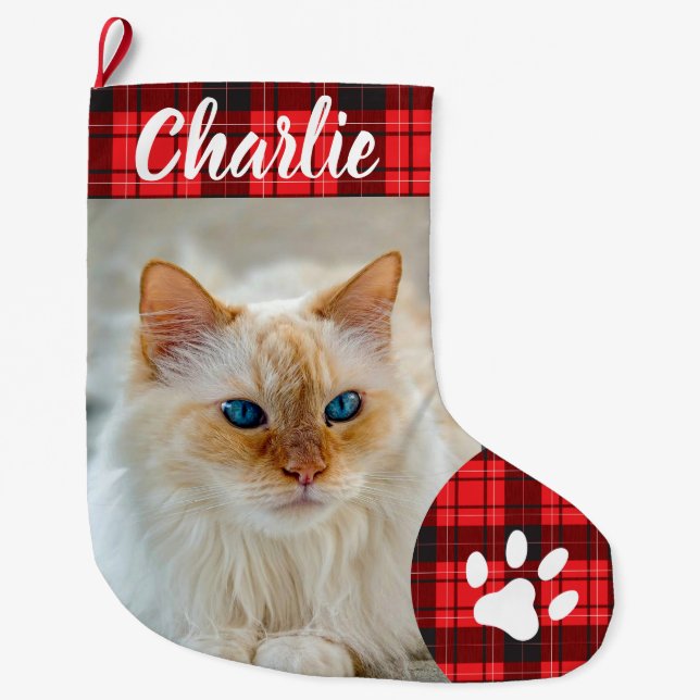Personalized Simple Paw Pet Photo Monogram Name Großer Weihnachtsstrumpf (Vorderseite)