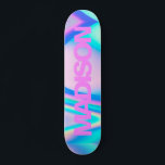 Personalized Skateboard Name Pink Girly Modern<br><div class="desc">Easily personalize this colorful Skateboard on Pink Girly Modern Holographic Rainbow Pastel Wave abstract design featuring black and cool ohne serif machen on Unicorn aesthetic with a modern and cute touch of fairy. Add your name,  choose machen,  wechseln size and position,  add clipart,  fotos and shapes.</div>
