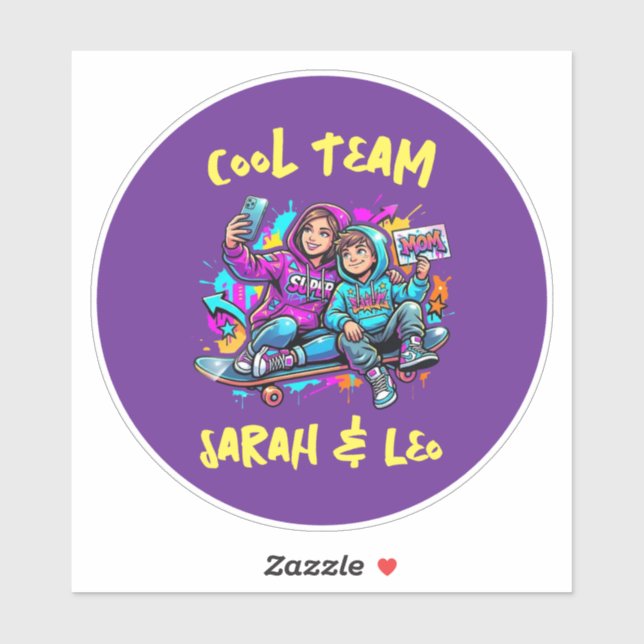 Personalized Skater Mom and Son Graffiti Art Round Aufkleber (Blatt)