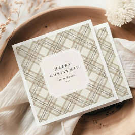 Personalized Soft Beige Gingham Merry Christmas Serviette