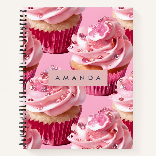 Personalized Sparkle Glam Pink Cupcake Delight Notizbuch (Vorderseite)