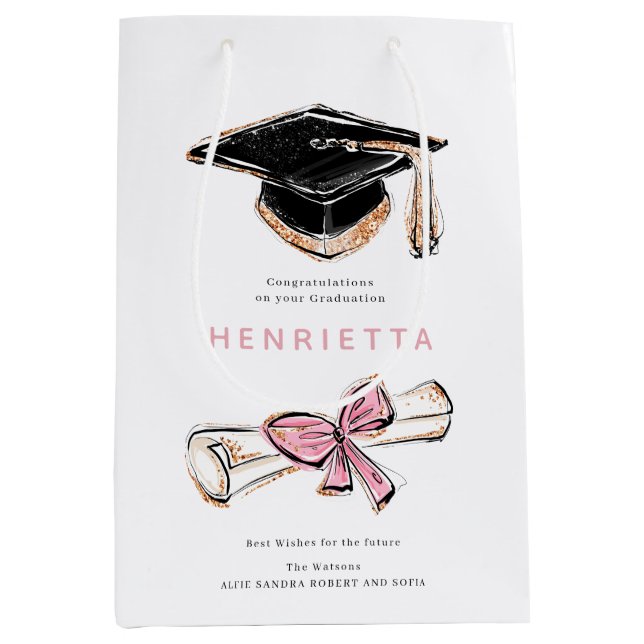 personalized Sparkling Graduation Cap Diploma Pink Mittlere Geschenktüte (Vorderseite)