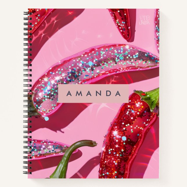 Personalized Sparkling Hot Pink Glitter Chili Notizbuch (Vorderseite)