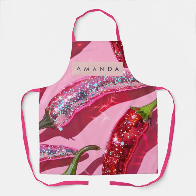Personalized Sparkling Hot Pink Glitter Chili Schürze (Vorderseite)