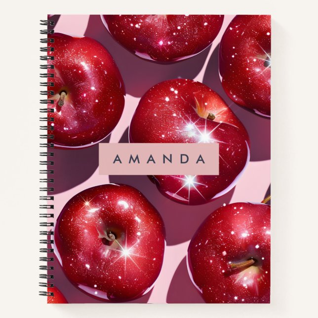 Personalized Sparkling Red Apple Pink Background Notizbuch (Vorderseite)
